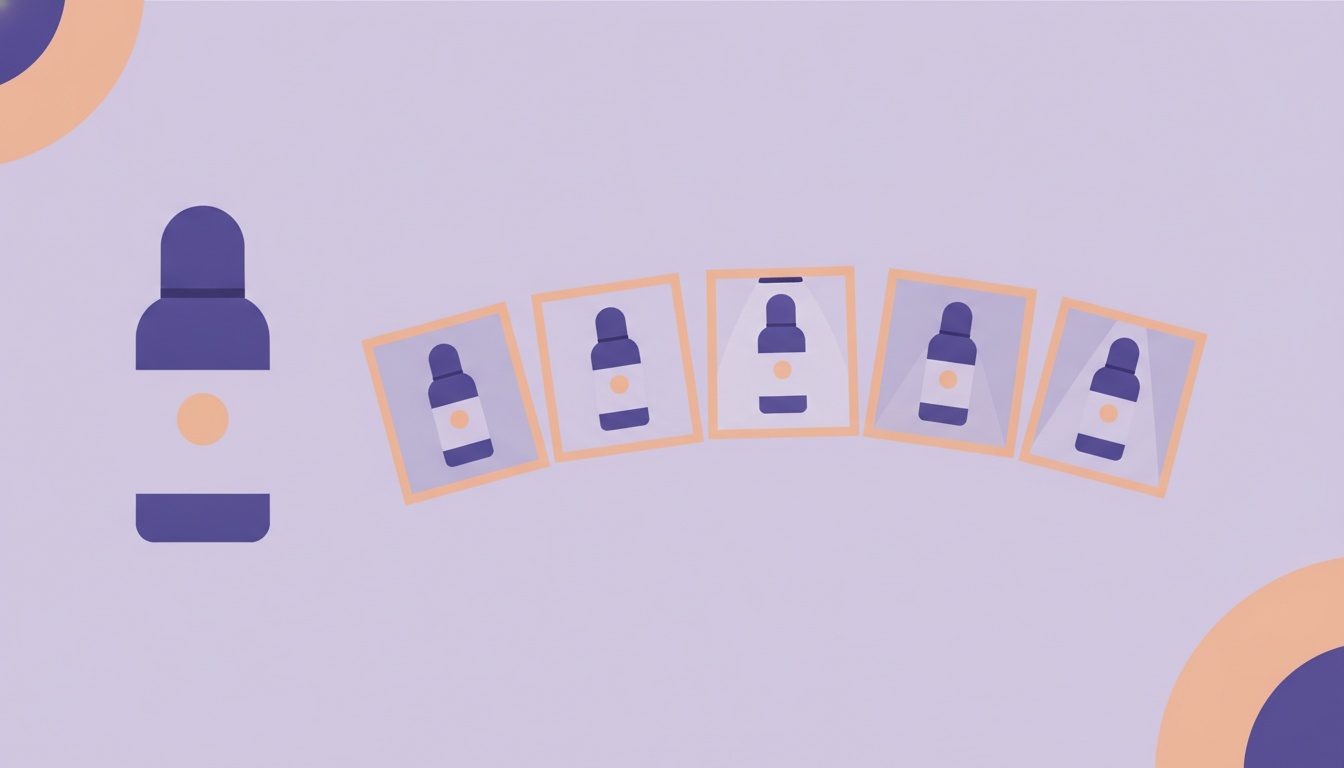 Flat illustration of one product bottle beside a fanned-out row of five framed versions of the same bottle in different lighting